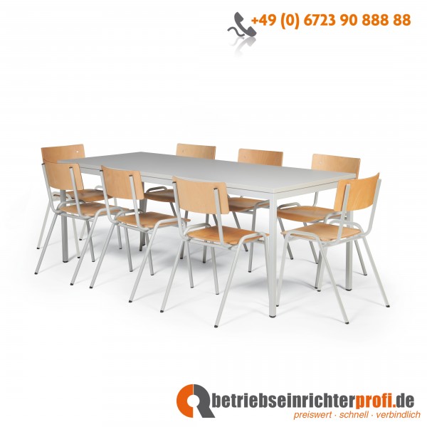 Taurotrade Tisch-Stuhlkombination mit 1 Allzwecktisch 2000 x 800 mm und 8 Stapelstühlen ECO