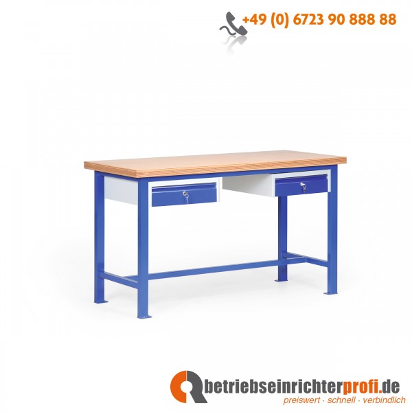 Taurotec Standard-Werkbank mit 2 Schubladen und Tischplatte aus Multiplex (40 mm), Traglast 1000 kg, 1500 × 700 mm