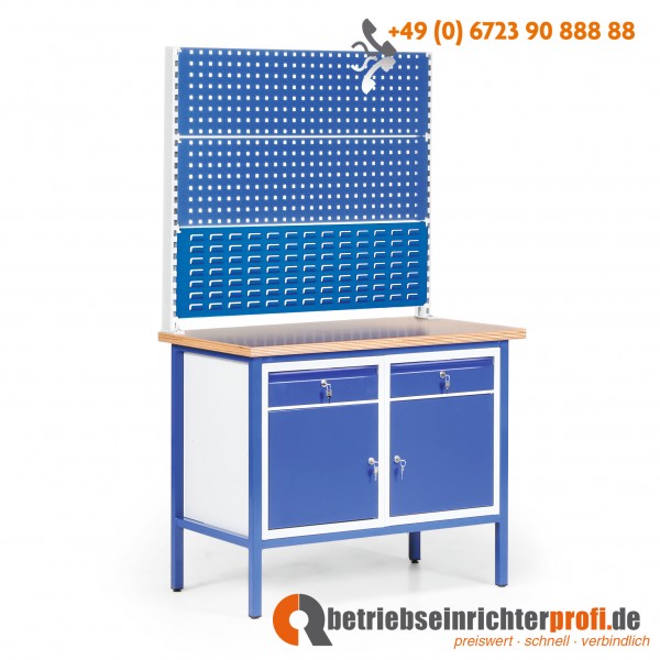 Taurotec stationäre Kompakt-Werkbank Komplettangebot mit 2 Schubladen und 2 Schrankfächern, Multiwand-Aufbau, 950 mm hoch