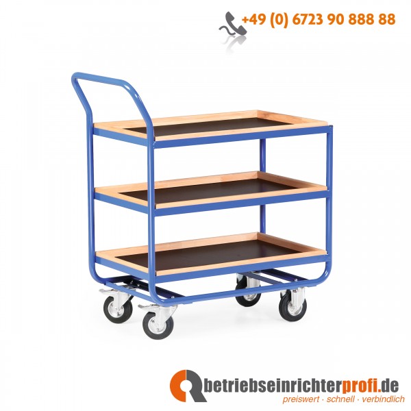 Rotauro Stahlrohr-Tischwagen, mit Bordleisten aus Buchenholz (30 mm hoch) und 3 Ladeflächen 800 × 500 mm, Traglast 300 kg