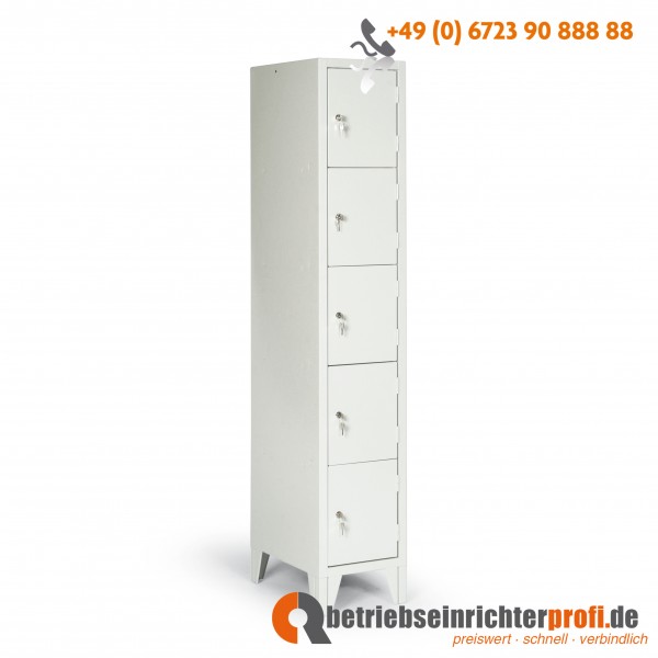 Schließfachschrank Classico mit 5 Fachebenen und 5 Fächern, auf Füßen, Türen in RAL7035, lichtgrau