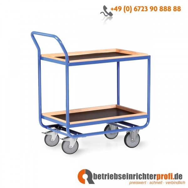 Rotauro Stahlrohr-Tischwagen, mit Bordleisten aus Buchenholz (30 mm hoch) und 2 Ladeflächen 800 × 500 mm, Traglast 300 kg