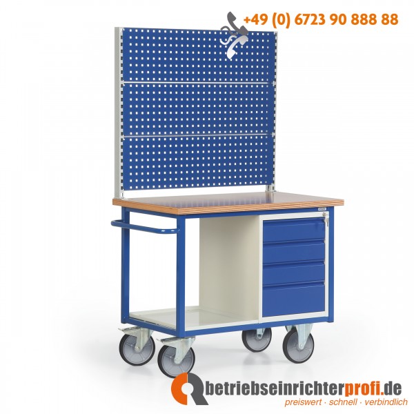 Rotauro große fahrbare Werkbank mit 3 Lochplatten (950 mm hoch), Blechablage und 4 Schubladen, Traglast 500 kg